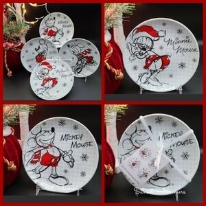4 Disney Sketch Mickey Mouse Minnie Snowflake Christmas Appetizer Dessert Plates
